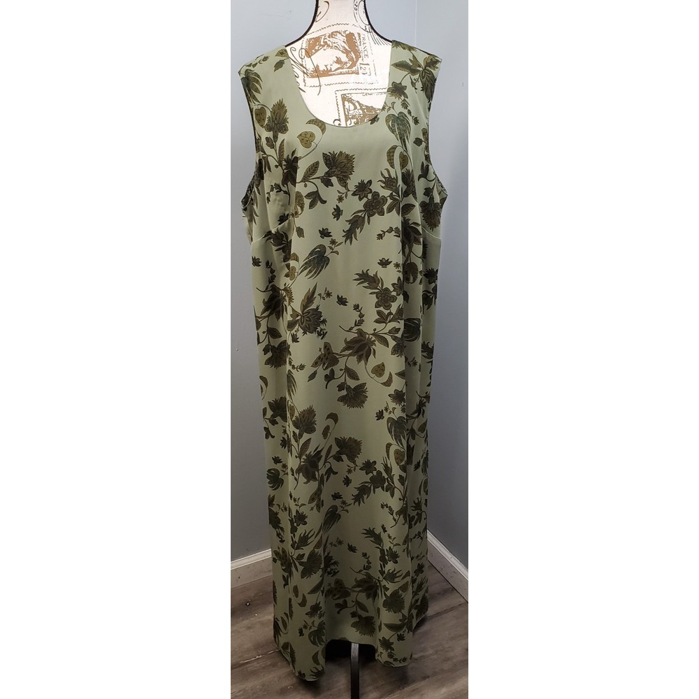 Coldwater Creek Maxi Dress Women 3X Green Floral Sleeveless Vacation Resort Wear